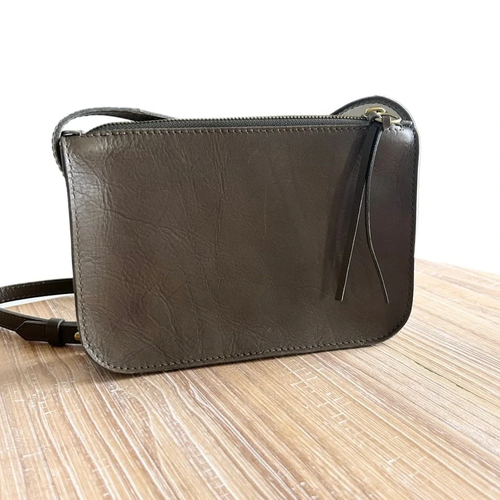 Madewell The Simple Leather Crossbody Bag Olive Green Brown Zip Top Small Purse